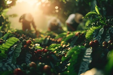Сoffee berries are picked by hand by people on coffee plantations, sunlight shines on coffee...