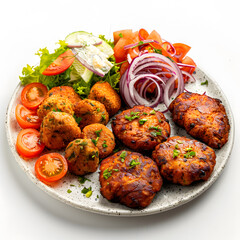 White Plate of food with nuggets and chicken cutlets with some salad around it top view isolated on white