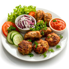 White Plate of food with nuggets and chicken cutlets with some salad around it top view isolated on white