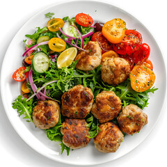 White Plate of food with nuggets and chicken cutlets with some salad around it top view isolated on white