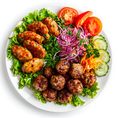 White Plate of food with nuggets and chicken cutlets with some salad around it top view isolated on white