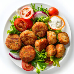 White Plate of food with nuggets and chicken cutlets with some salad around it top view isolated on white