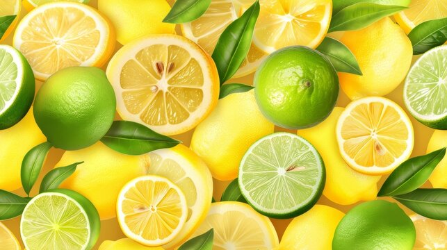 Fresh yellow fruits of lemon, lime, with green leaves. Seamless citrus texture