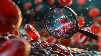 A red cell investigates clot formation, medical illustration to educate on the importance of preventing blood clots for circulatory health - obrazy, fototapety, plakaty