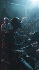 Zombie school band practicing, eerie stage light, medium shot, harmonious undead performance ,...