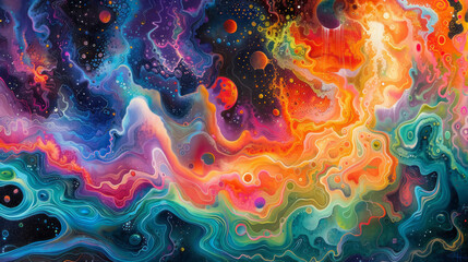 A colorful painting of a galaxy with a bright orange swirl - obrazy, fototapety, plakaty
