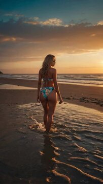 beautiful woman wearing a bikini enjoying the beach at sunset