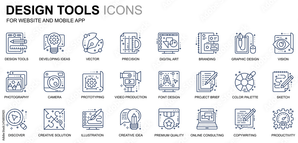 Poster simple set design tools line icons for website and mobile apps. contains such icons as creative, dev