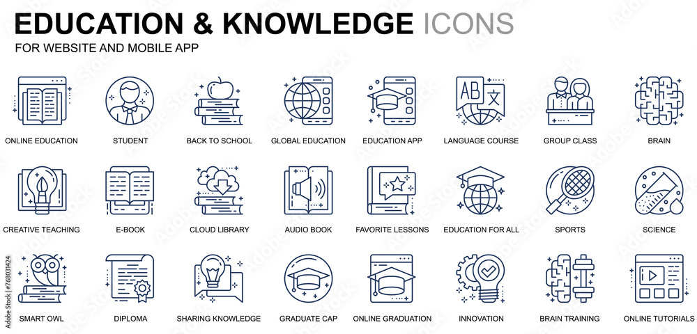 Poster simple set education and knowledge line icons for website and mobile apps. contains such icons as st