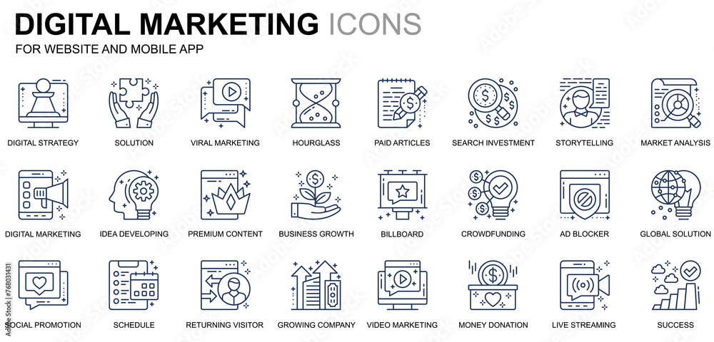 Leinwandbilder Simple Set Business and Marketing Line Icons for Website and Mobile Apps. Contains such Icons as Digital Strategy, Global Solution, Market. Conceptual color line icon. Pictogram pack.
