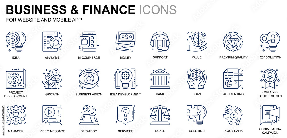 Fototapete simple set business and finance line icons for website and mobile apps. contains such icons as analy