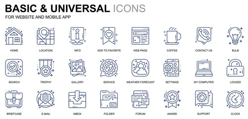 Simple Set Basic Line Icons for Website and Mobile Apps. Contains such Icons as Location, Briefcase, Lamp, Support, Business, Award. Conceptual color line icon. Pictogram pack.