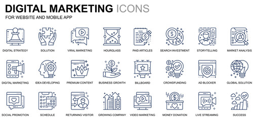 Simple Set Business and Marketing Line Icons for Website and Mobile Apps. Contains such Icons as Digital Strategy, Global Solution, Market. Conceptual color line icon. Pictogram pack.