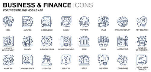 Simple Set Business and Finance Line Icons for Website and Mobile Apps. Contains such Icons as Analysis, Money, Accounting, Strategy, Bank. Conceptual color line icon. Pictogram pack.