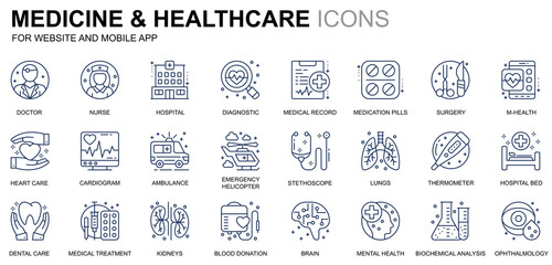 Simple Set Healthcare and Medicine Line Icons for Website and Mobile Apps. Contains such Icons as Doctor, Hospital, Medical Equipment. Conceptual color line icon. Pictogram pack.