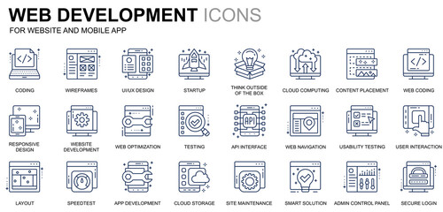 Simple Set Web Disign and Development Line Icons for Website and Mobile Apps. Contains such Icons as Coding, App Development, Usability. Conceptual color line icon. Pictogram pack.