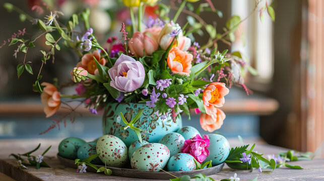 Close-Up of Spring Easter Table Setting. Spring Easter table setting with bouquet and painted eggs for holiday celebration.