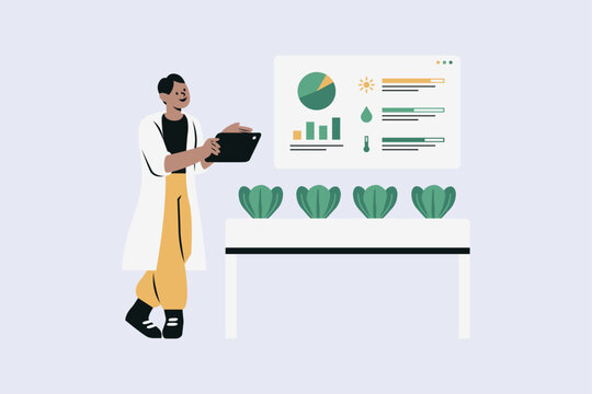 Man Character Analysis Data on His Farm Vector Illustration
