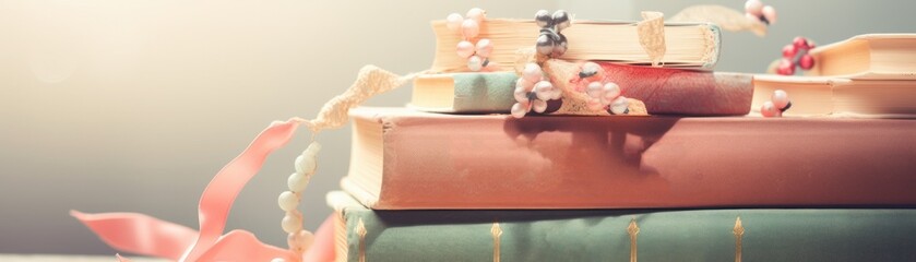 Spine of old diaries, pastel bookmarks, soft light, close view, nostalgic mood , pastel,3d render, novel, Tell a story - obrazy, fototapety, plakaty