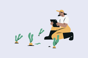 Female Farmer Managing Her Farm using Technology Vector Illustration