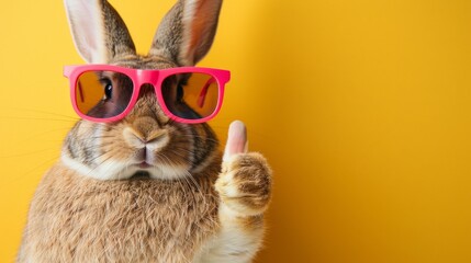 Cool easter bunny in sunglasses giving thumbs up on pastel background with copy space