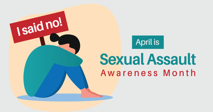 Sexual assault awareness month campaign banner. Vector illustration trautized sad girl sitting on floor. Placard reads I said no.