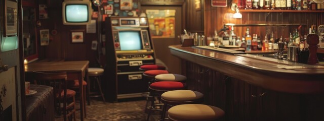 Modern-day speakeasy bar hidden behind a vintage video rental store, serving cocktails with a 90s twist.