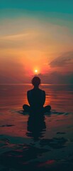 Serene meditation, sunrise, silhouette, minimal hair, wide angle, tranquil colors , close-up