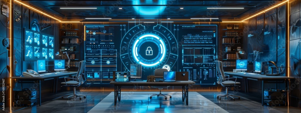 Poster office environment with augmented reality cybersecurity alerts, immersive tech theme