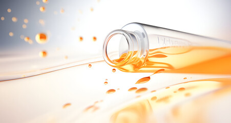 Transparent Cosmetic Gel Fluid With Molecule Bubbles. skincare Orange Water Bubbles on a White Background