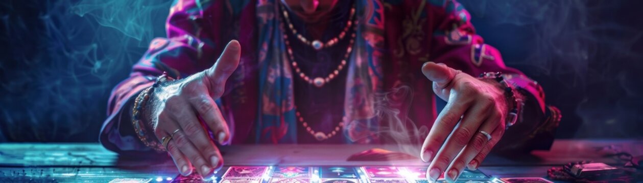 Seer casting fortunes with tarot card holograms, dusk light, medium angle, digital arcane studio , photographic style