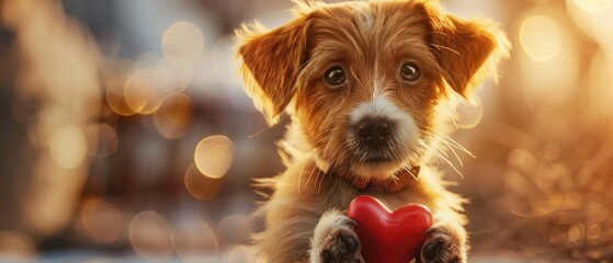 Puppy holding a heartshaped gift, soft morning light, closeup, joyful expression , super realistic