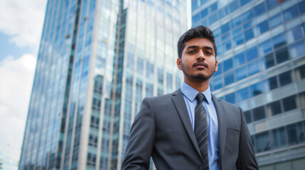 Fototapeta premium Indian businessman in a business suit against the background of a skyscraper.