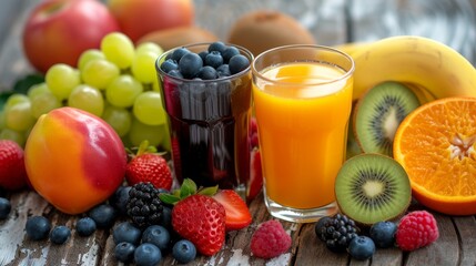 Colourful display of fresh fruit and juices on a wooden surface