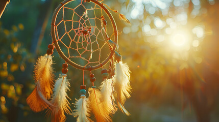 Close up of dream catcher hanging from tree in the sun ,Dreamcatcher at sunset with copy space,Dreamcatcher at sunset with copy space