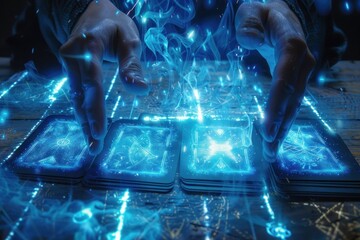 Mystic casting hologram tarot cards, electric blue sparks, front view, digital witchs lair , cinematic