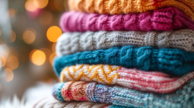 Photo of stack of warm and knitted clothes that need to be put away when summer comes