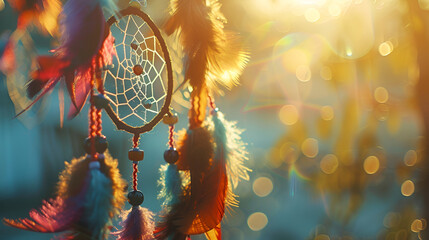 Close up of dream catcher hanging from tree in the sun ,Dreamcatcher at sunset with copy space,Dreamcatcher at sunset with copy space
