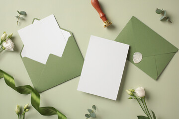 Flat lay wedding stationery on green background. Blank paper card, olive envelopes, wax seal stamp, green ribbon, flowers