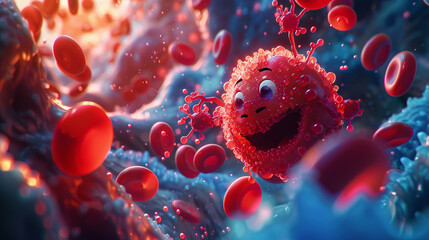 A cheery red cell amid oxygen molecules.