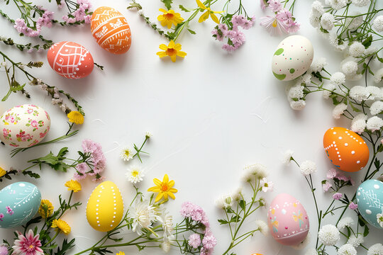 Colorful painted Easter eggs and spring flowers on white.