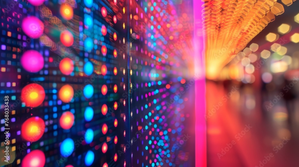 Poster bokeh effect of colorful led lights, capturing the dynamic atmosphere of an urban night environment.