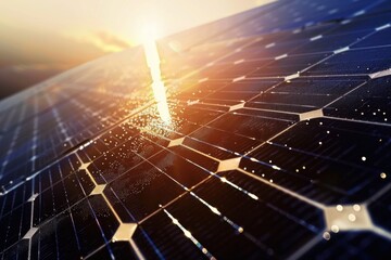 Solar panels with sunlight and lens flare effect - obrazy, fototapety, plakaty