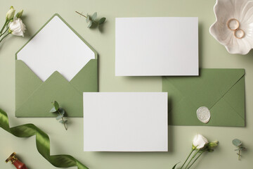 Wedding stationery set. Top view photo of blank paper cards, green envelopes, flowers on green table.