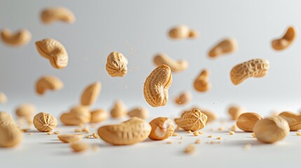 Softly shadowed peanuts floating in a pure white space - obrazy, fototapety, plakaty