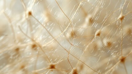 A delicate and intricate network of fungal mycelium is captured in this close-up, highlighting the complexity of natural structures. - obrazy, fototapety, plakaty