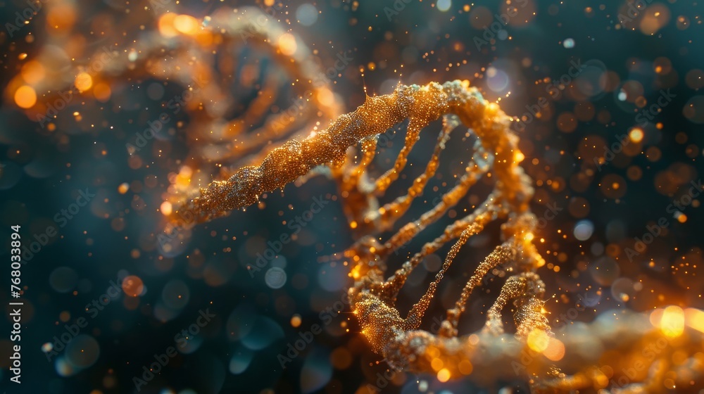 Poster close-up visualization of a dna double helix structure illuminated with a golden glow, symbolizing b