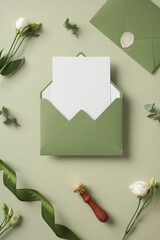 Green envelope with wedding invitation card template, wax seal stamp, ribbon, flowers on green background. Flat lay, top view, copy spacw