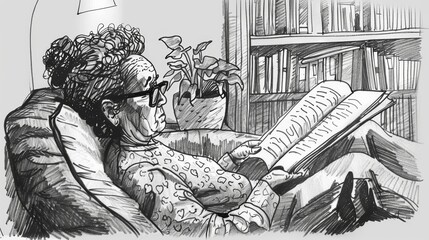Doodle of a senior enjoying reading in a cozy nook.