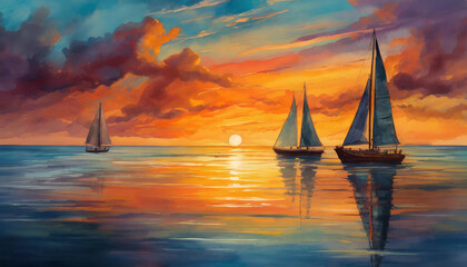 sailboat at sunset, sunset in the sea, Golden Sunset Sailboat Silhouette, Sailboats Chasing the Sunset, Calm Seas at Sunset with Sailboats, Sailboat Regatta at Sunset,  generative ai - obrazy, fototapety, plakaty